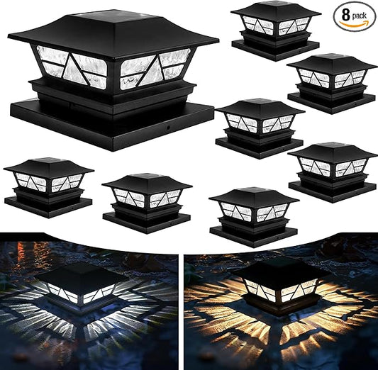 Eight-pack solar fence post cap lights, black lantern-style fixtures