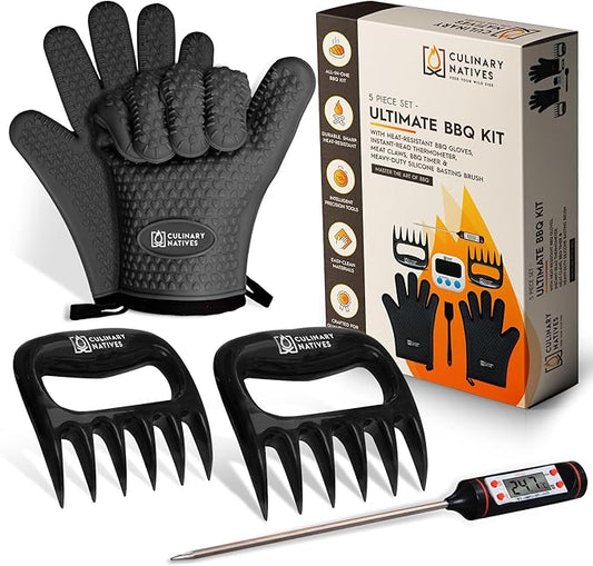 Black heat-resistant BBQ glove and meat claw shredders set with thermometer
