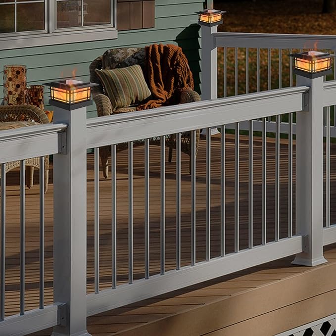 Dynaming 6 Pack Solar Flame Post Lights Outdoor, Solar Powered Fence Post Cap Lights, High Brightness Flickering Flame SMD LED Lighting Decor for Garden Deck Patio, 4x4, 5x5 or 6x6 Vinyl/Wooden Posts