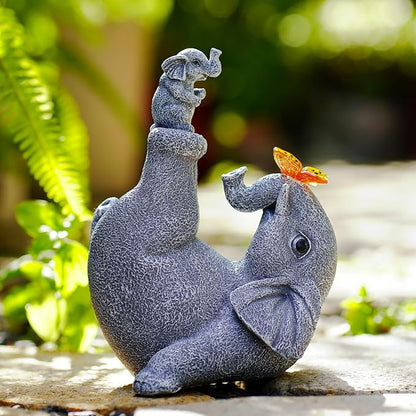 Mommy & Baby Elephant Garden Statue with Solar Butterfly Lights - Perfect Elephant Decor & Ornament for Women, Housewarming Gifts and as Garden Decorations