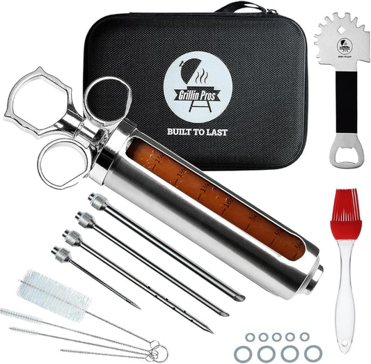 Stainless meat injector syringe kit with needles, measuring window, and carrying case