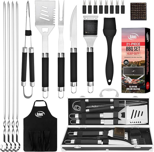 21-piece BBQ grill tool set with stainless heads and black handles, shown laid out