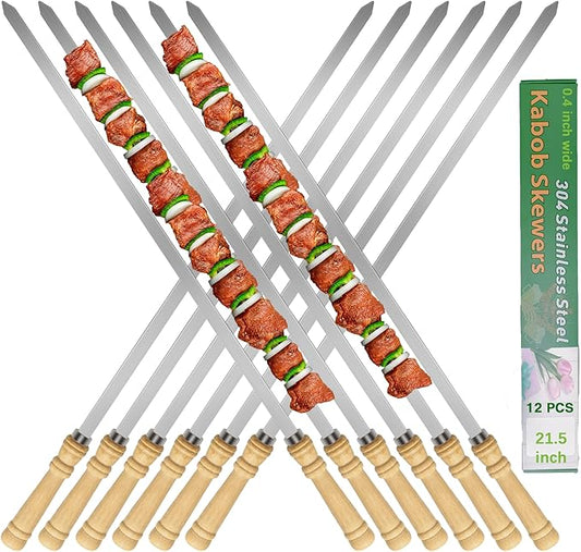 Flat stainless steel kabob skewers with wooden handles, 12-pack, with grilled veggies