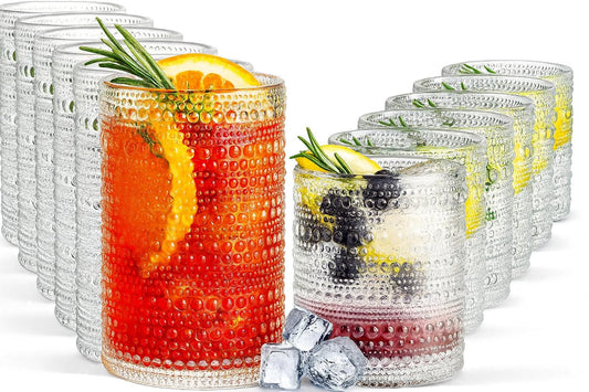 Set of hobnail drinking glasses with clear faceted texture; includes red and clear cups