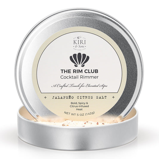 Jalapeño citrus cocktail rimmer salt tin with silver round metal lid and beige label