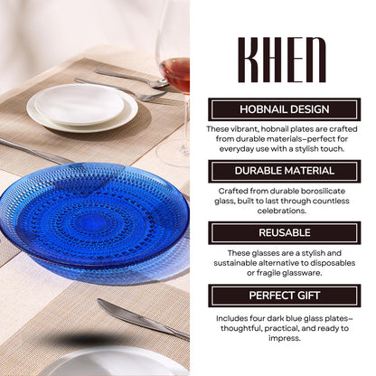 Glass Hobnail Dinner or Charger Plates | Set of 4 | Dark Blue