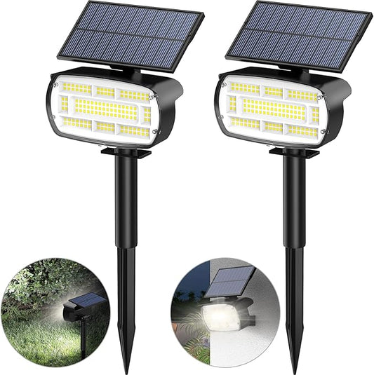Solar landscape spot lights, 2-pack, with black stakes and rectangular solar panels