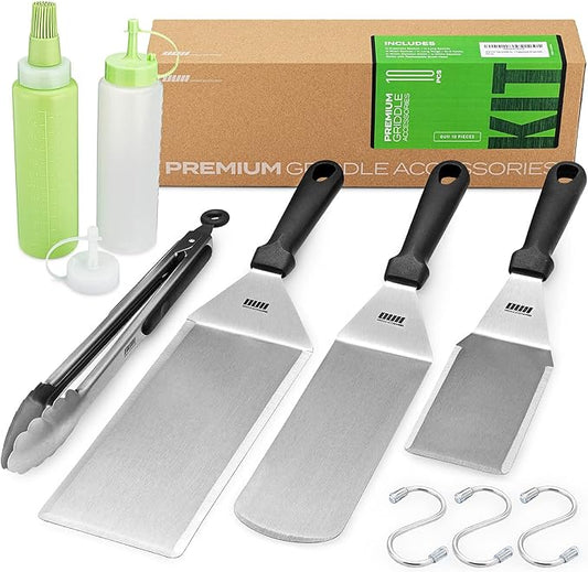 Griddle spatula set with stainless blades, black handles, hooks, and squeeze bottles