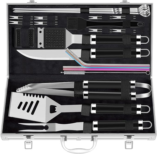 BBQ tool set with black handles in silver aluminum storage case, 25-piece assortment
