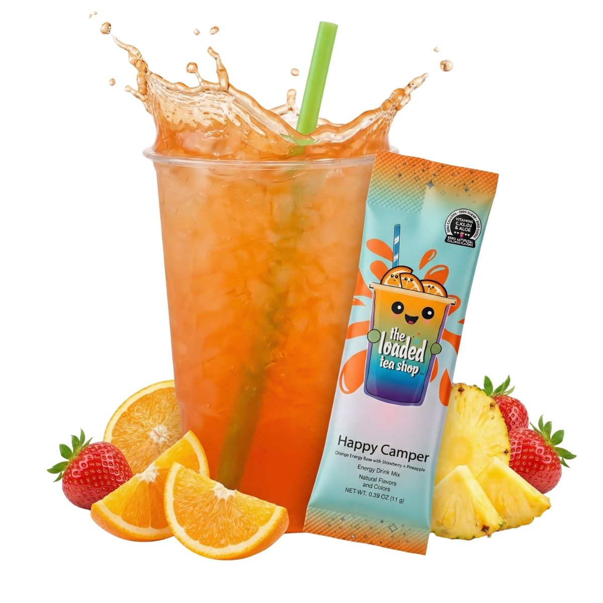 Strawberry pineapple loaded tea stick packet with orange drink in clear cup and fruit.