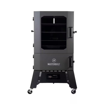 Digital charcoal smoker with open front door, control panel, and rolling wheels visible
