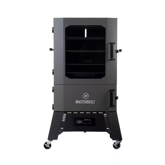 Digital charcoal smoker with open front door, control panel, and rolling wheels visible