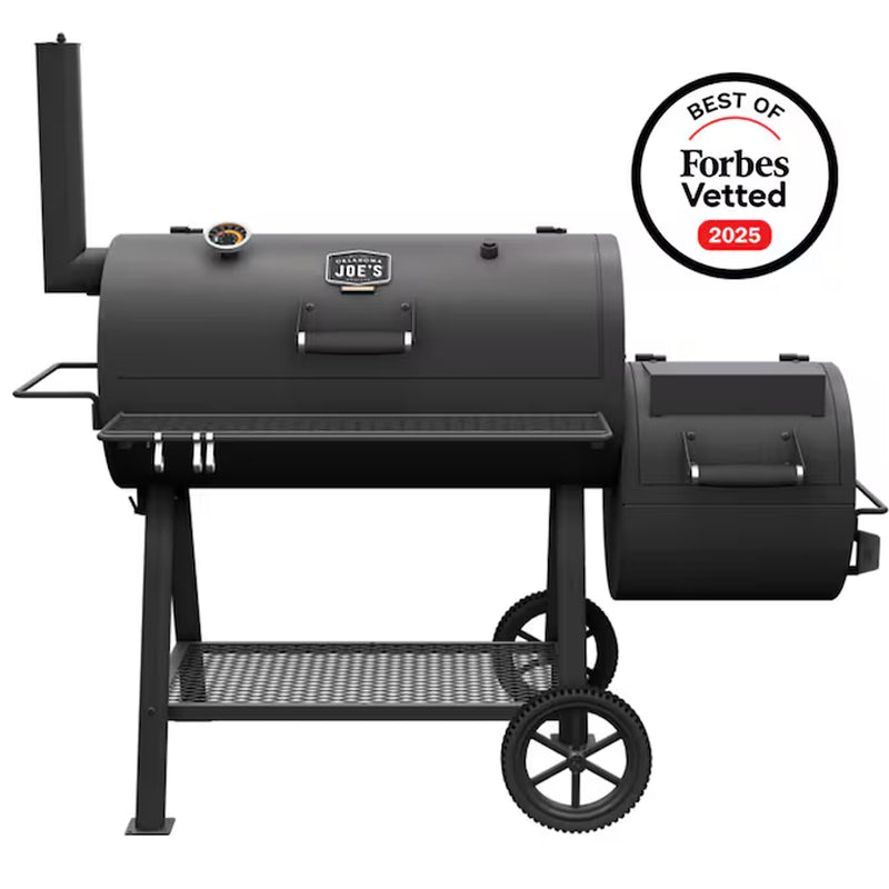 Black offset barrel smoker with side firebox, front grilling grate, and wheeled cart stand