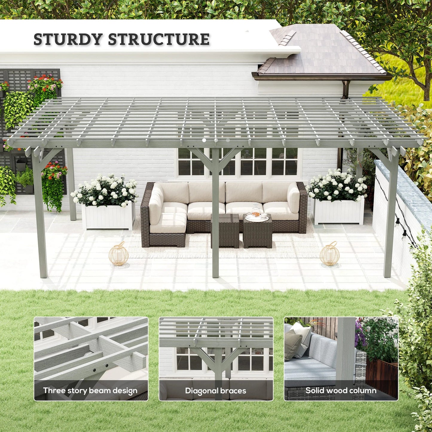 Gray wooden pergola with slatted roof and solid wood columns