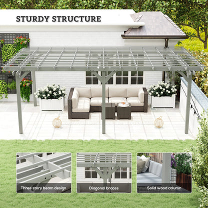 Gray wooden pergola with slatted roof and solid wood columns