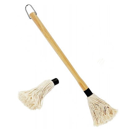 Grilling mop brush with cotton fringe head and black connector cap on a short handle