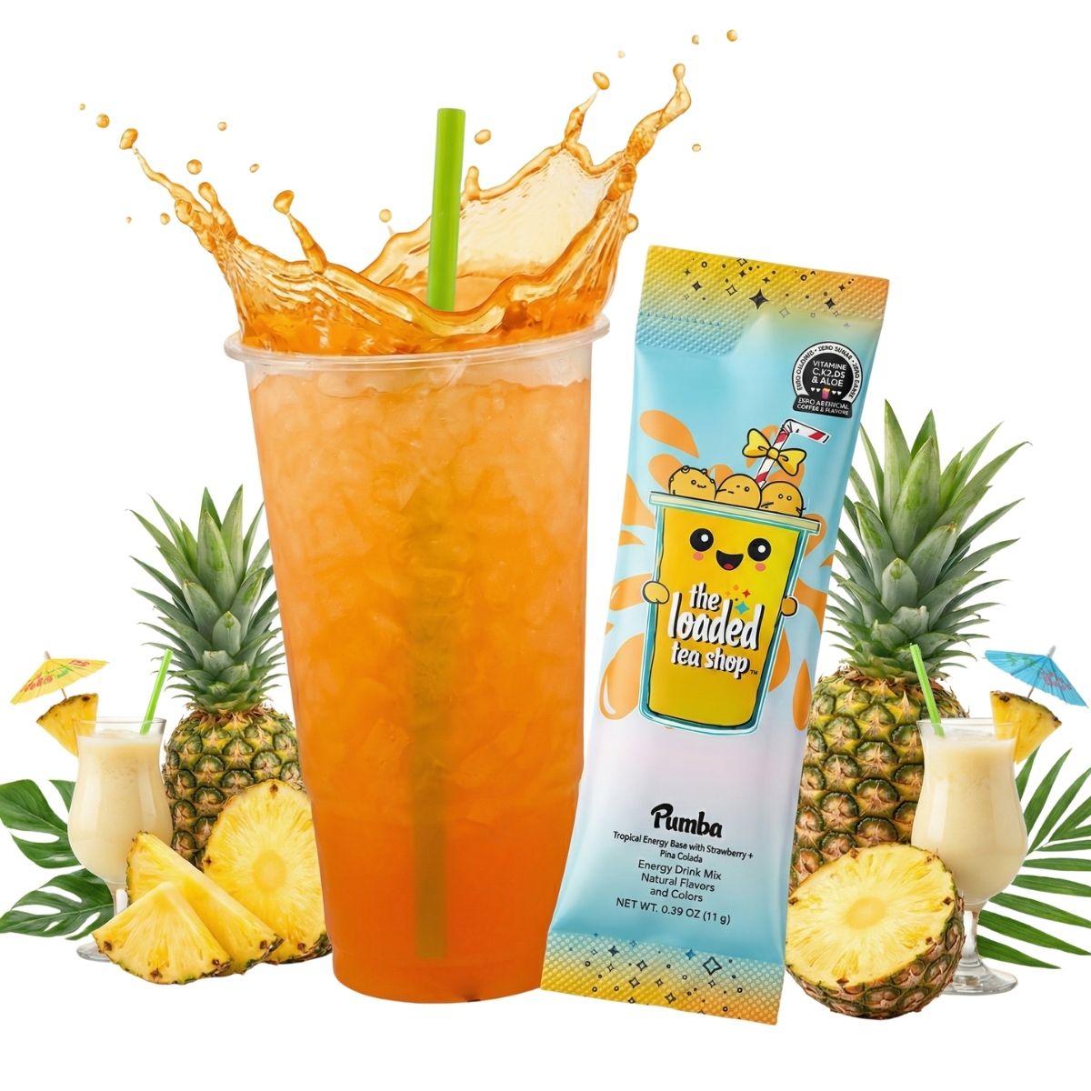 Orange loaded tea drink in clear cup with green straw and Strawberry & Piña Colada packet