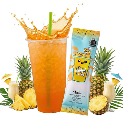 Orange loaded tea drink in clear cup with green straw and Strawberry & Piña Colada packet