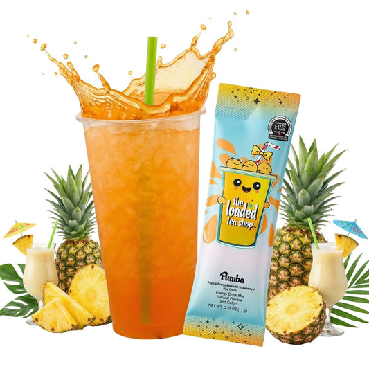 Orange loaded tea drink in clear cup with green straw and Strawberry & Piña Colada packet
