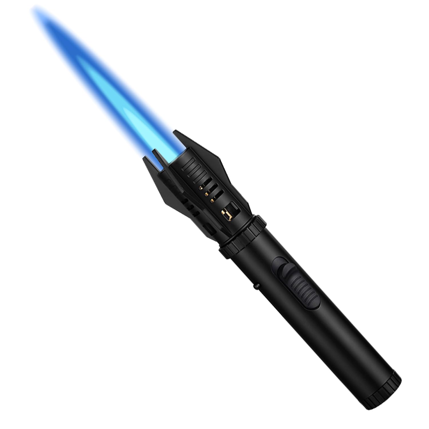 Black windproof torch lighter with blue flame, refillable butane body and safety lock