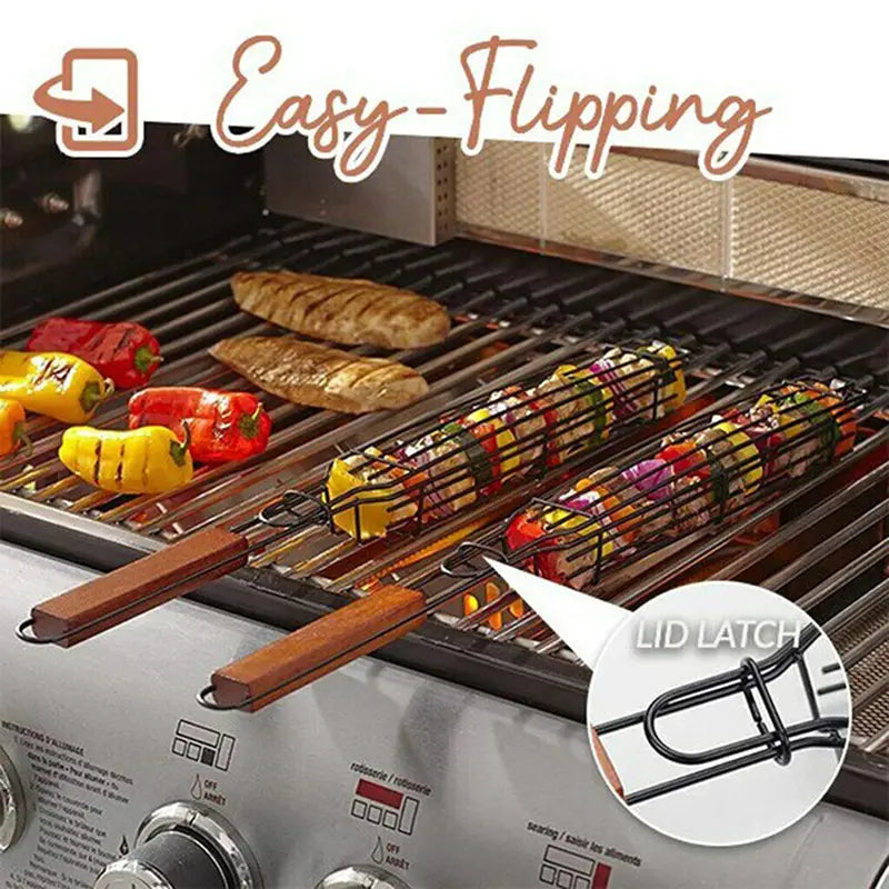 BBQ grilling basket on grill grate with wooden handles and lid latch detail