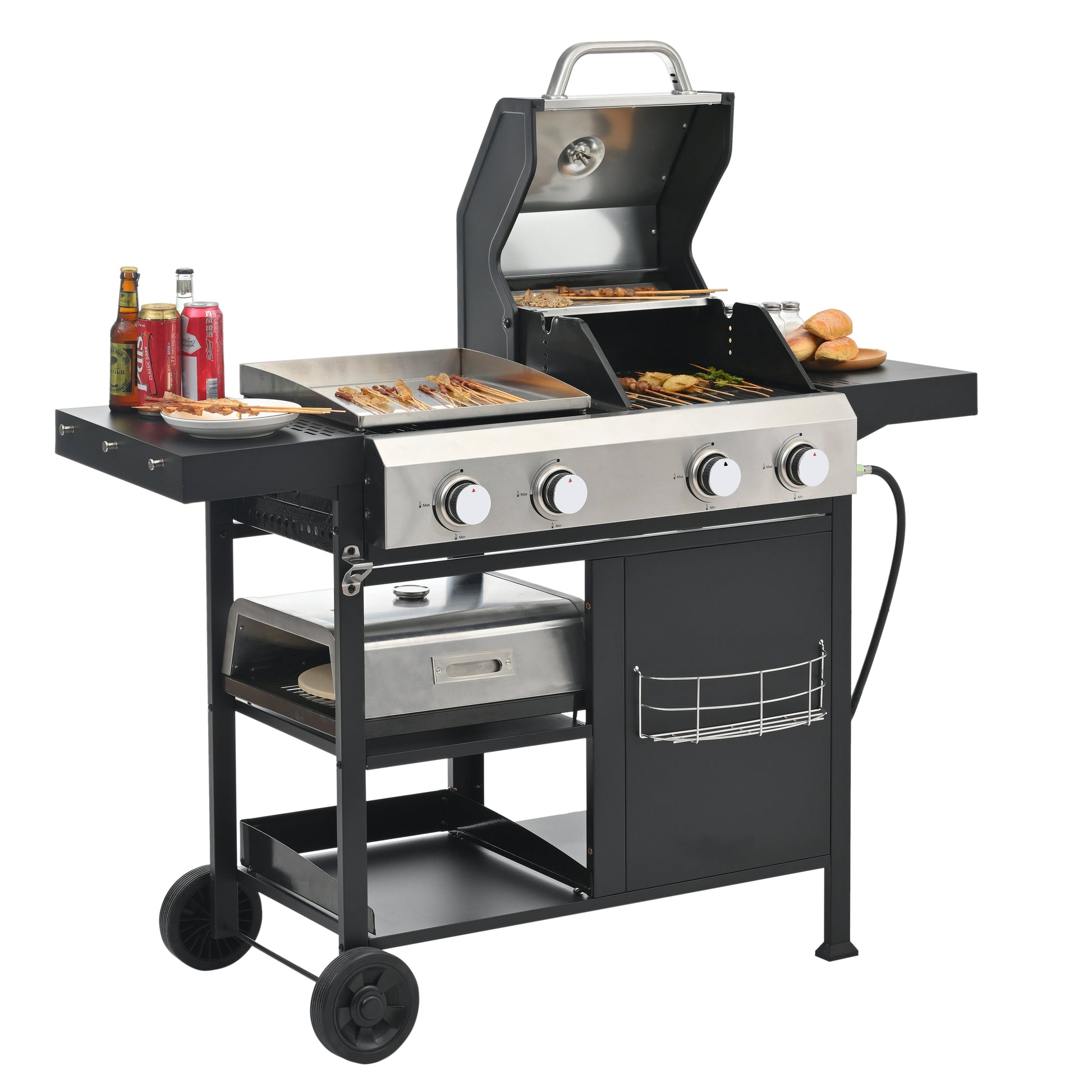 Black and silver gas grill with griddle top, open lid, side shelves, and knobs
