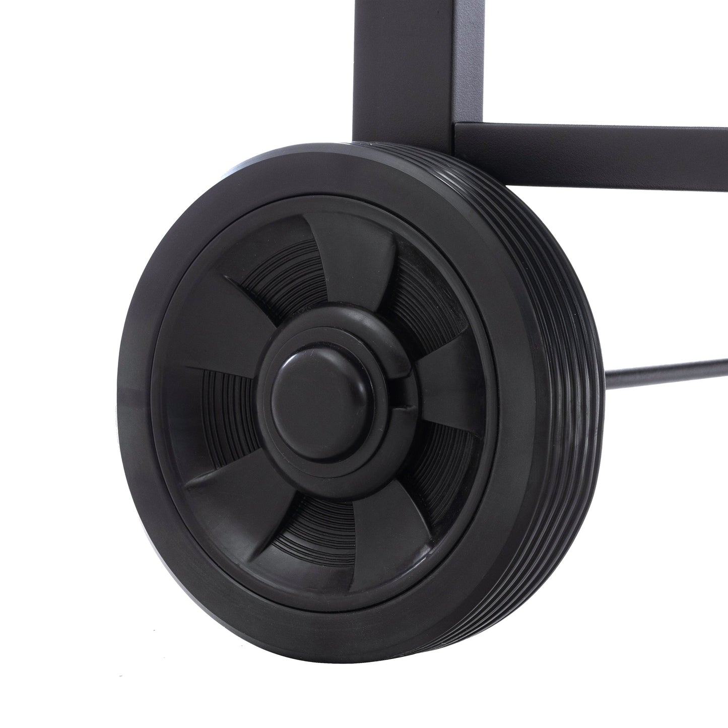 Black grill cart wheel with ridged tire tread