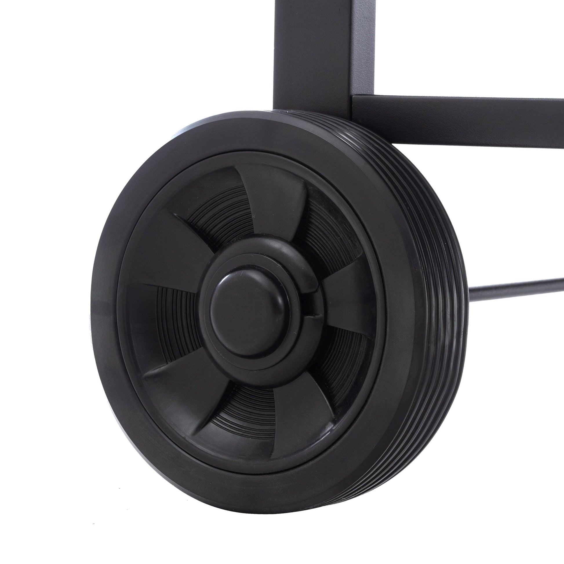 Black grill cart wheel with ridged tire tread