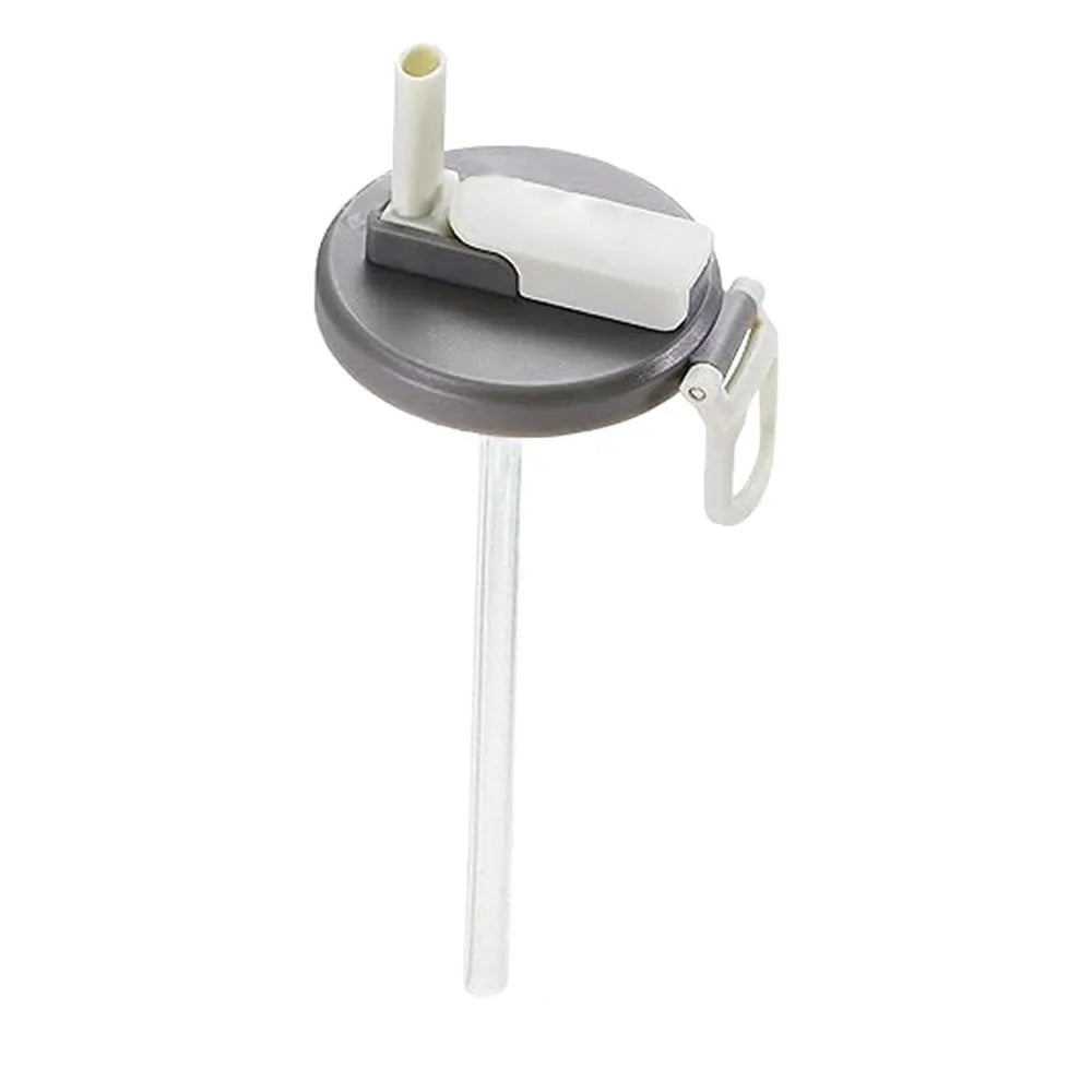 Reusable can cover with silicone straw, gray round lid with white top and long tube straw