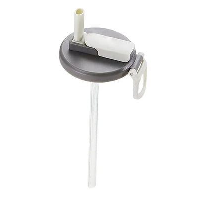 Reusable can cover with silicone straw, gray round lid with white top and long tube straw