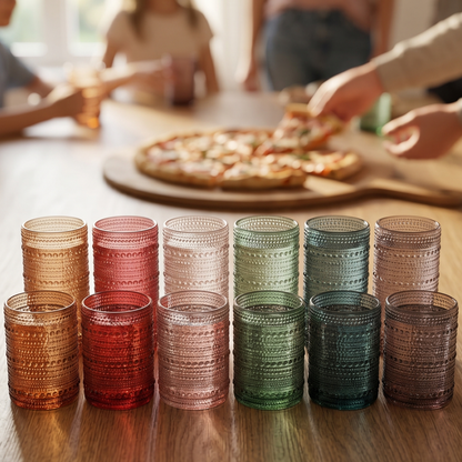 Set of 12 hobnail tumblers, including amber, red, beige, green, and smoke gray on wood table