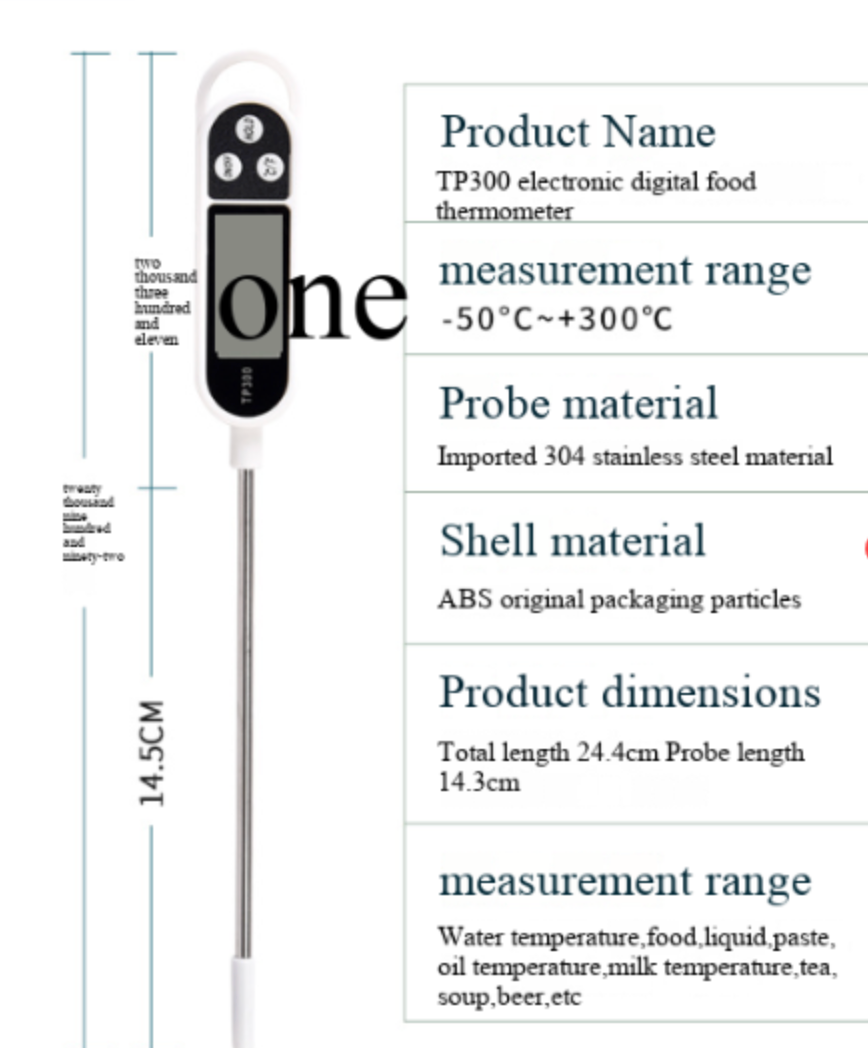 BBQ thermometer with long probe beside a measurement range and dimension chart
