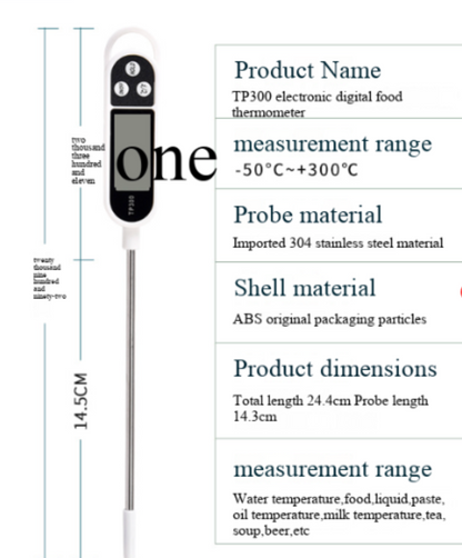 BBQ thermometer with long probe beside a measurement range and dimension chart