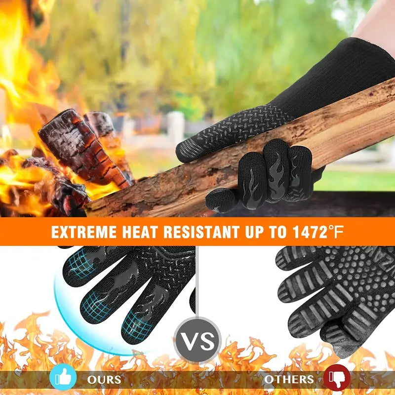 Black flame-emblem BBQ oven mitt with textured silicone palm on outdoor grill