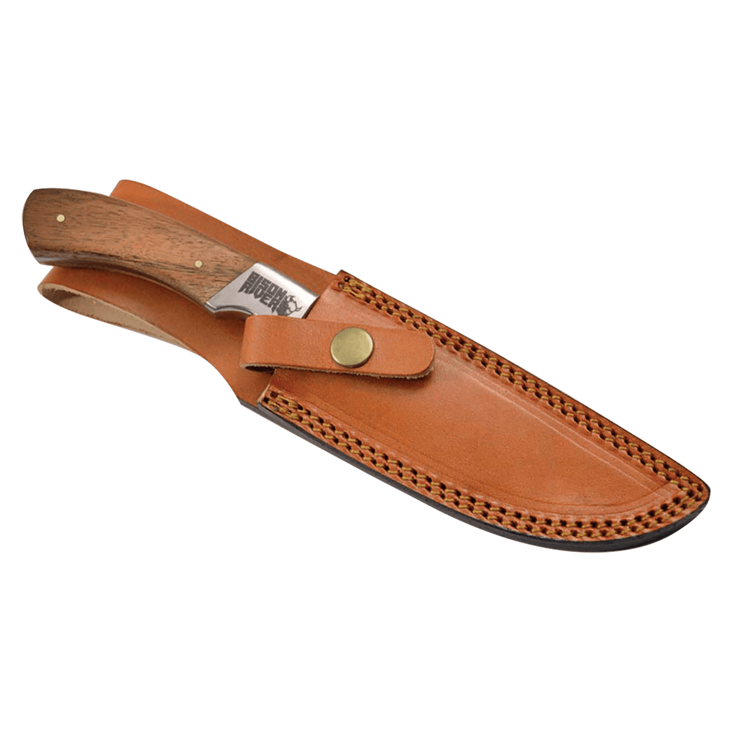 Fixed Damascus knife with wooden handle and tan leather sheath, side angle