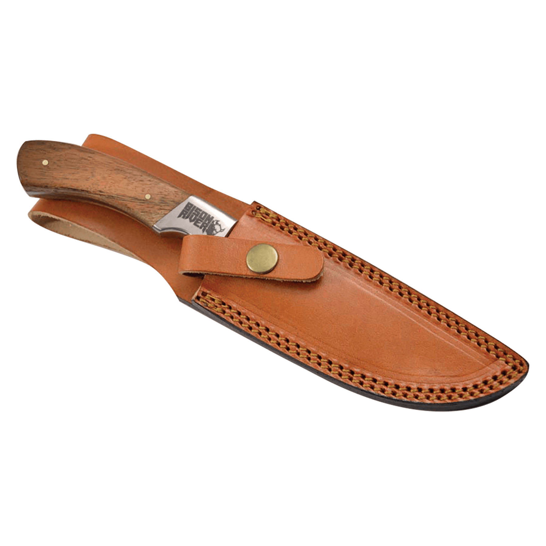 Fixed Damascus knife with wooden handle and tan leather sheath, side angle