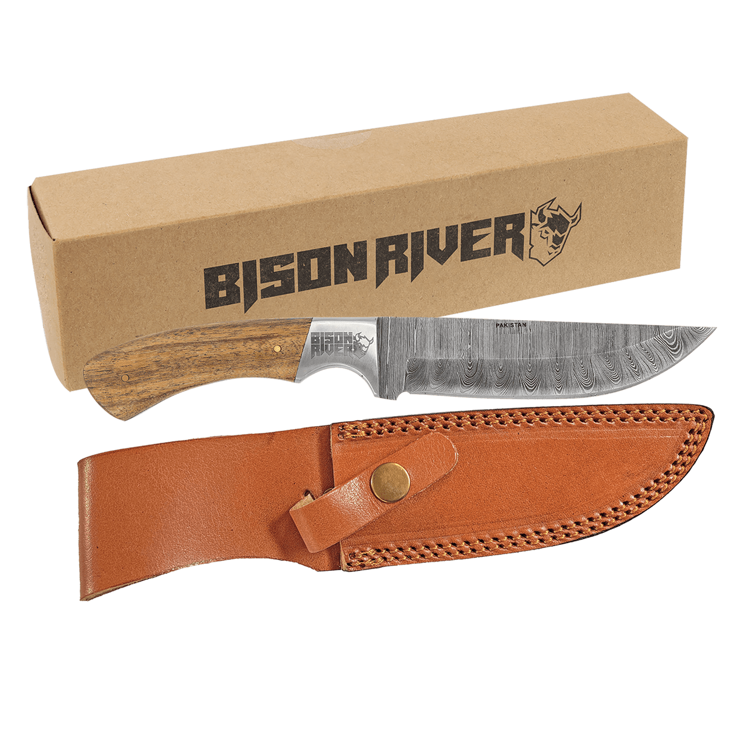 Damascus blade fixed knife with wooden handle and tan leather sheath