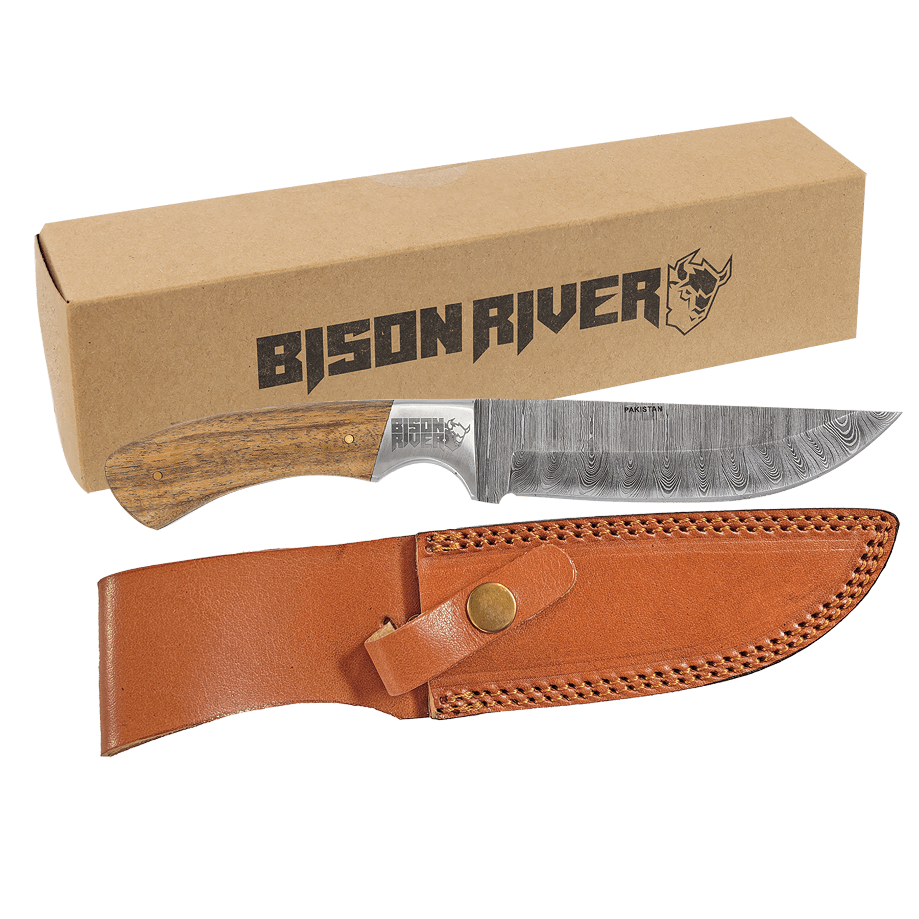 Damascus blade fixed knife with wooden handle and tan leather sheath
