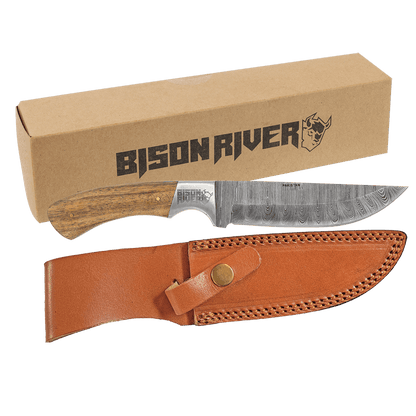 Damascus blade fixed knife with wooden handle and tan leather sheath