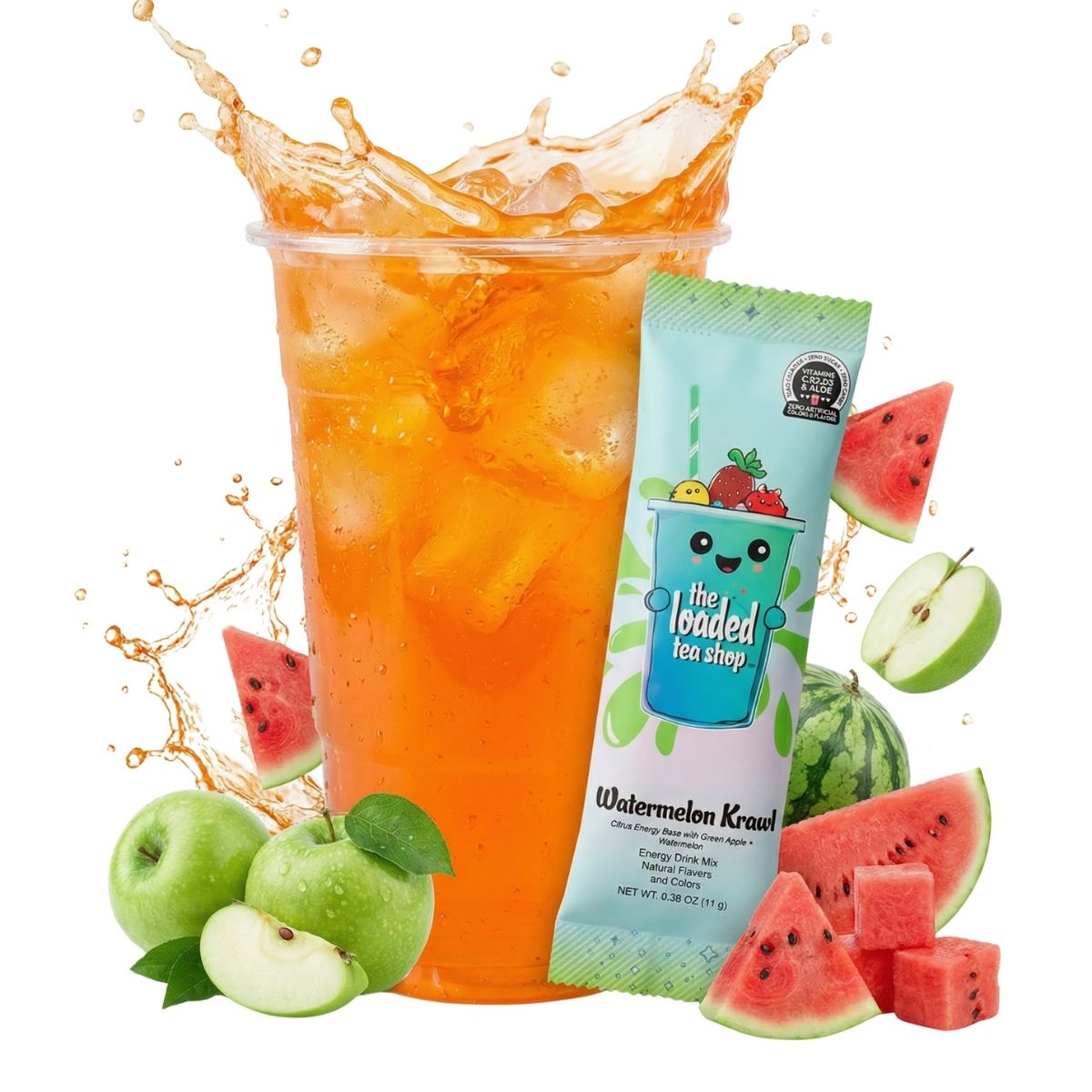 Orange iced tea drink in clear cup with watermelon and apple accents; stick pouch included