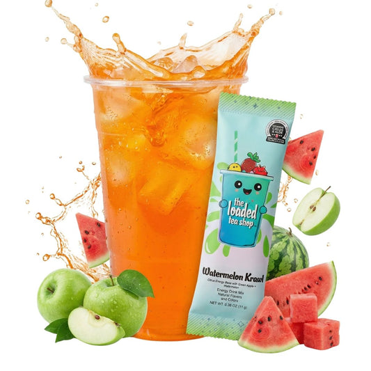 Orange iced tea drink in clear cup with watermelon and apple accents; stick pouch included
