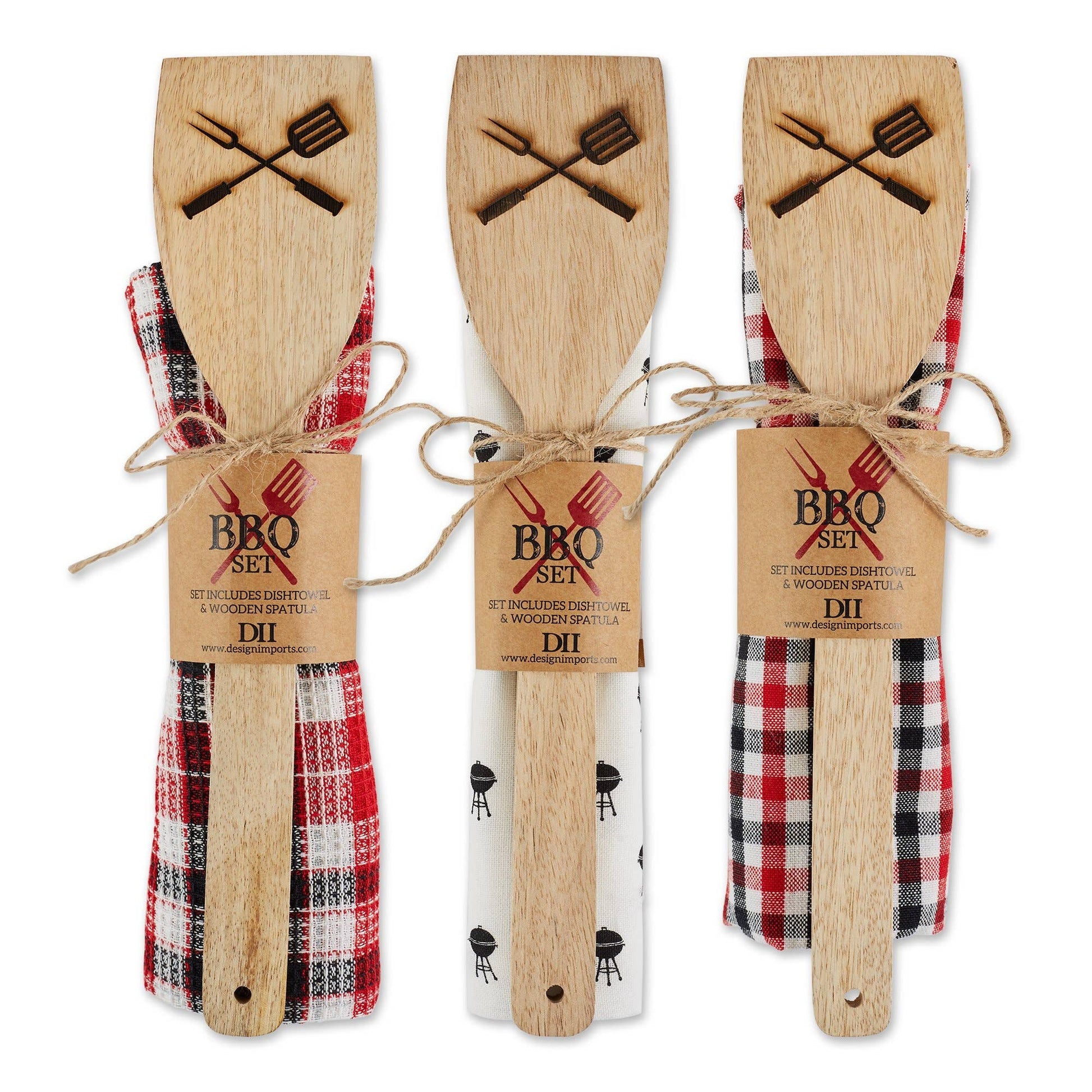 BBQ dishtowel set with wooden spatula pair on red/black checkered towel wraps