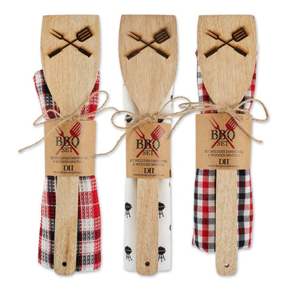 BBQ dishtowel set with wooden spatula pair on red/black checkered towel wraps