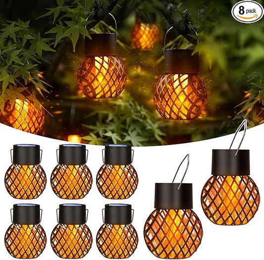 Solar hanging lantern set with black caps and warm amber diamond-pattern glass shades