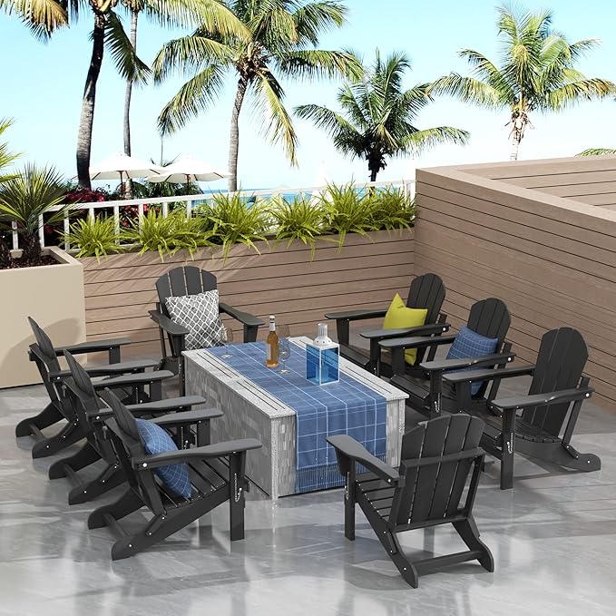 WO Home 8-Piece Folding Adirondack Chair Set – Weather-Resistant HDPE Patio Loungers, Gray