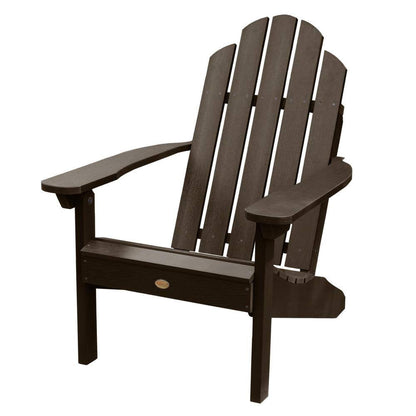 Weathered acorn Adirondack chair with slatted back and seat, wide arms, and a round cutout knob.