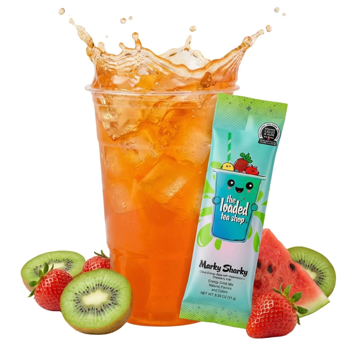 Orange iced loaded tea cup with Marky Sharky stick packet and fruit slices
