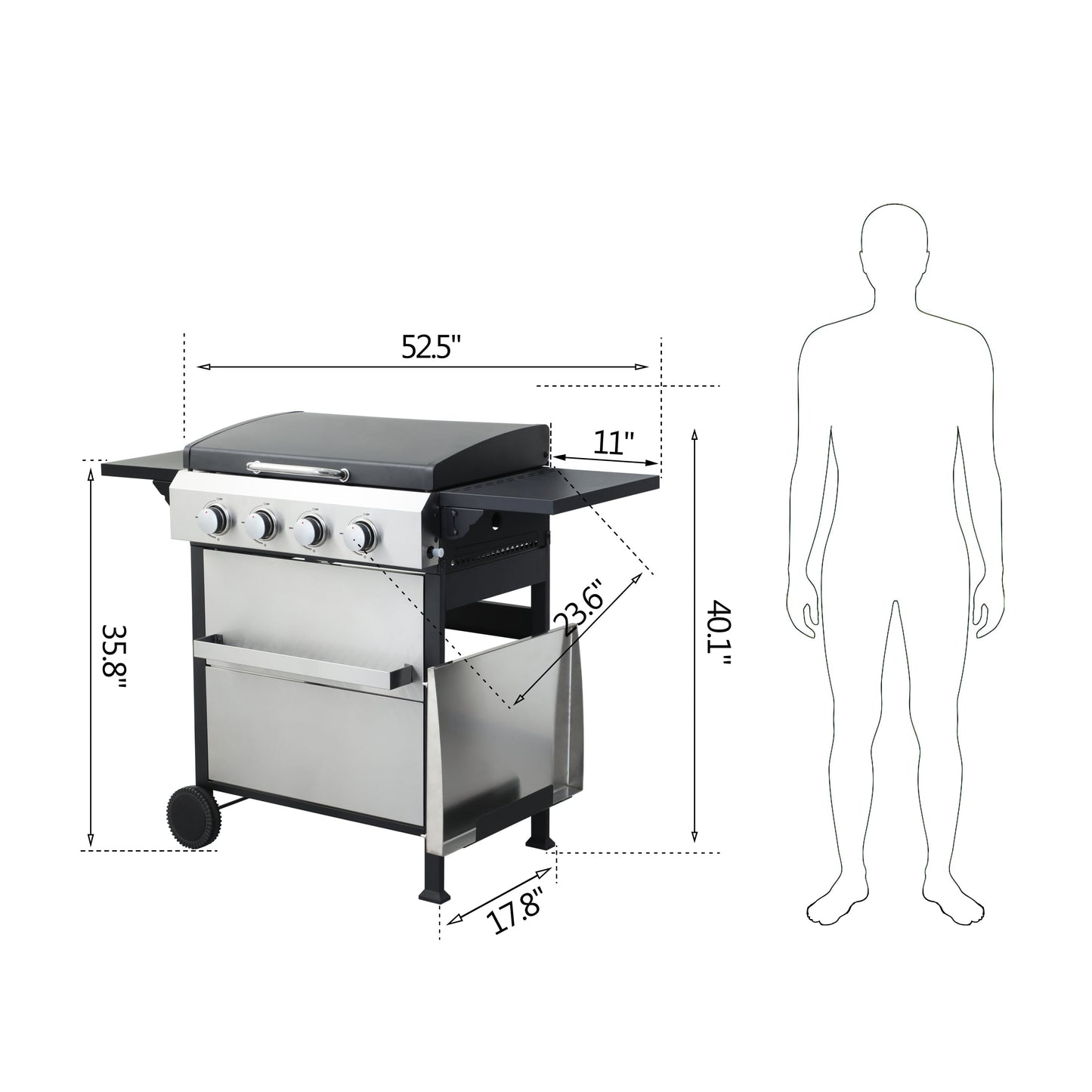 4-burner propane gas BBQ grill with plancha, with size and height dimensions shown