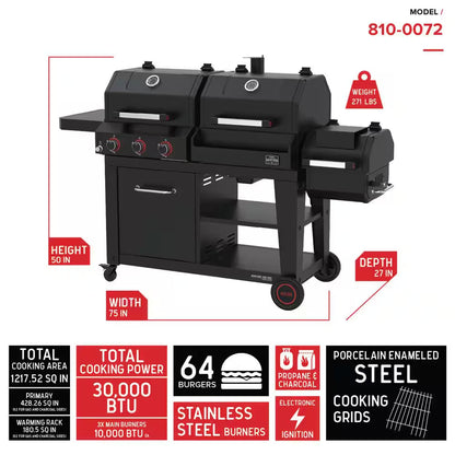 Oakford 3-burner grill smoker combo with side charcoal smoker and wheels