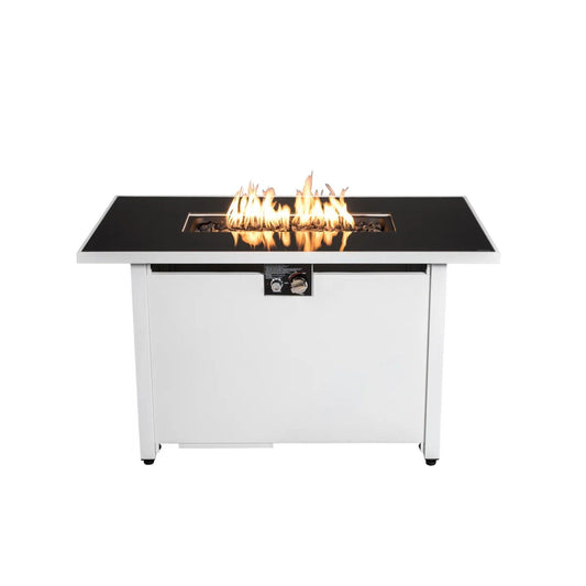 White rectangular fire pit table with adjustable flame control and burning flames